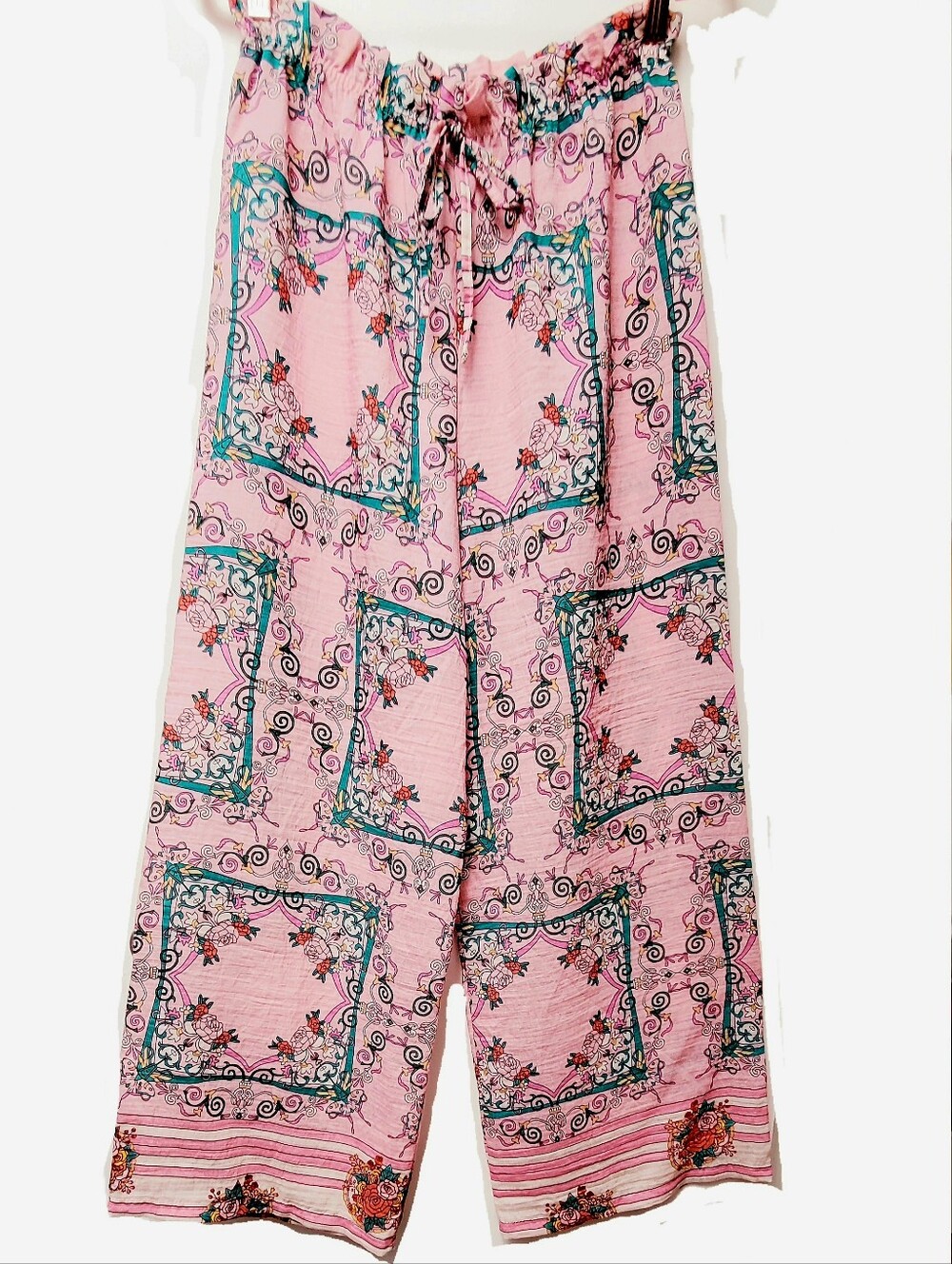 J.S Millenium Boho Scarf Rose Baroque Pink Floral Wide-Leg Linen Blend Pants S-L